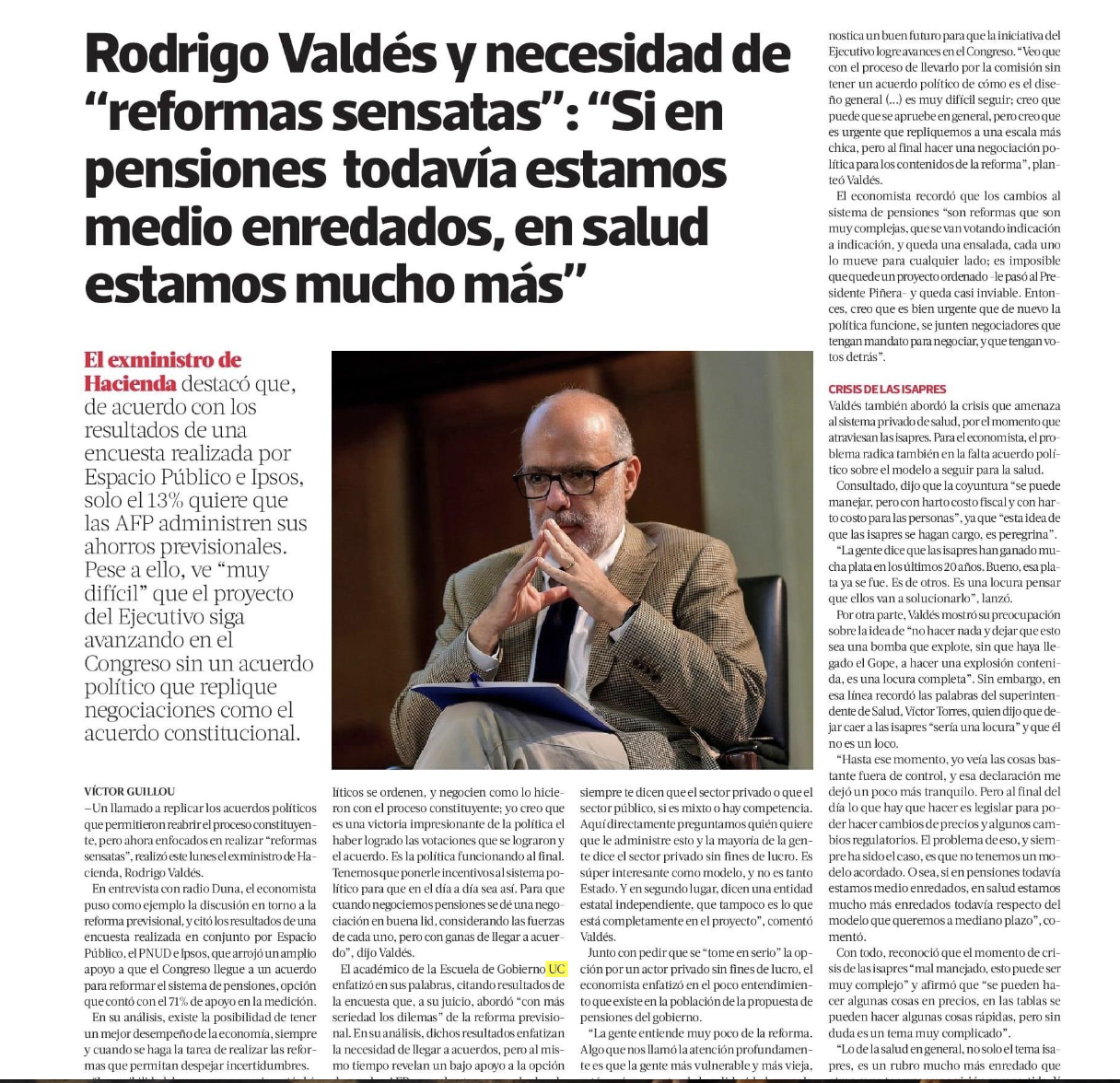 Rodrigo Valdés y necesidad de “reformas sensatas”: “Si en pensiones todavía estamos medio enredados, en salud estamos mucho más”